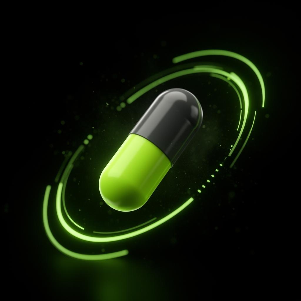 Floating 3D medicine capsule scanned by neon green ring